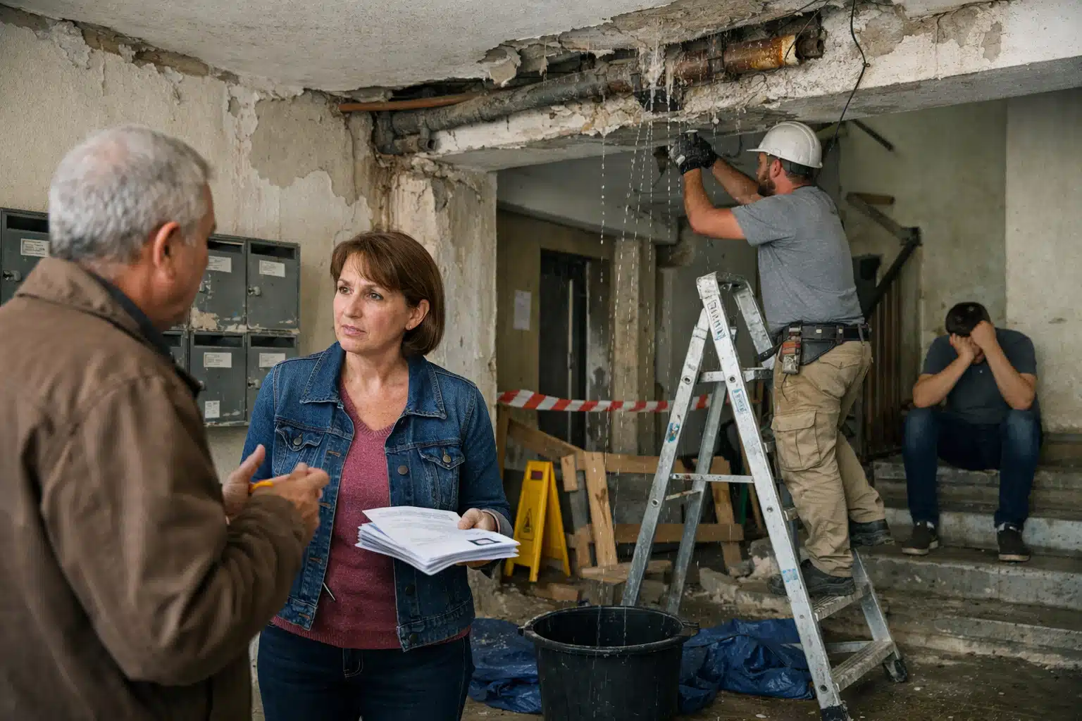 Femme avec plans supervise ouvriers en rénovation de plafond